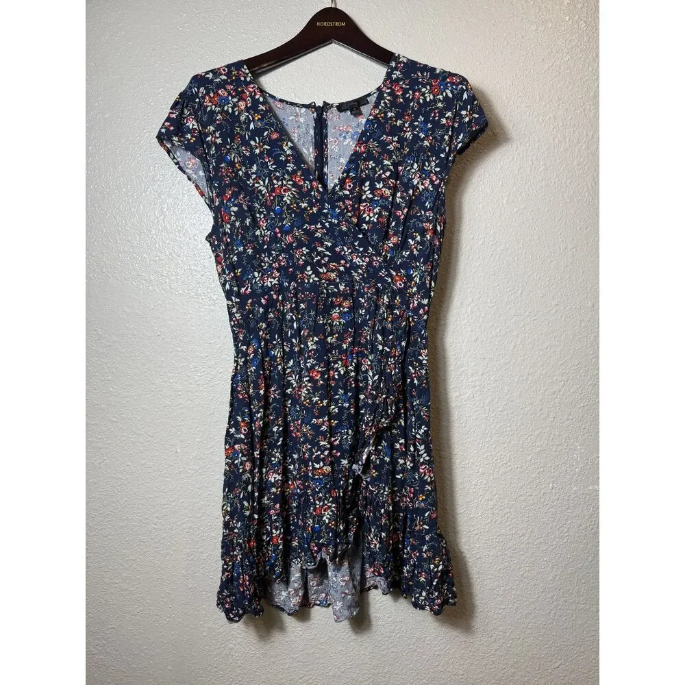 J.Crew Floral Faux Wrap Mini Dress Navy Blue V-Neck Ruffle Hem Size 12